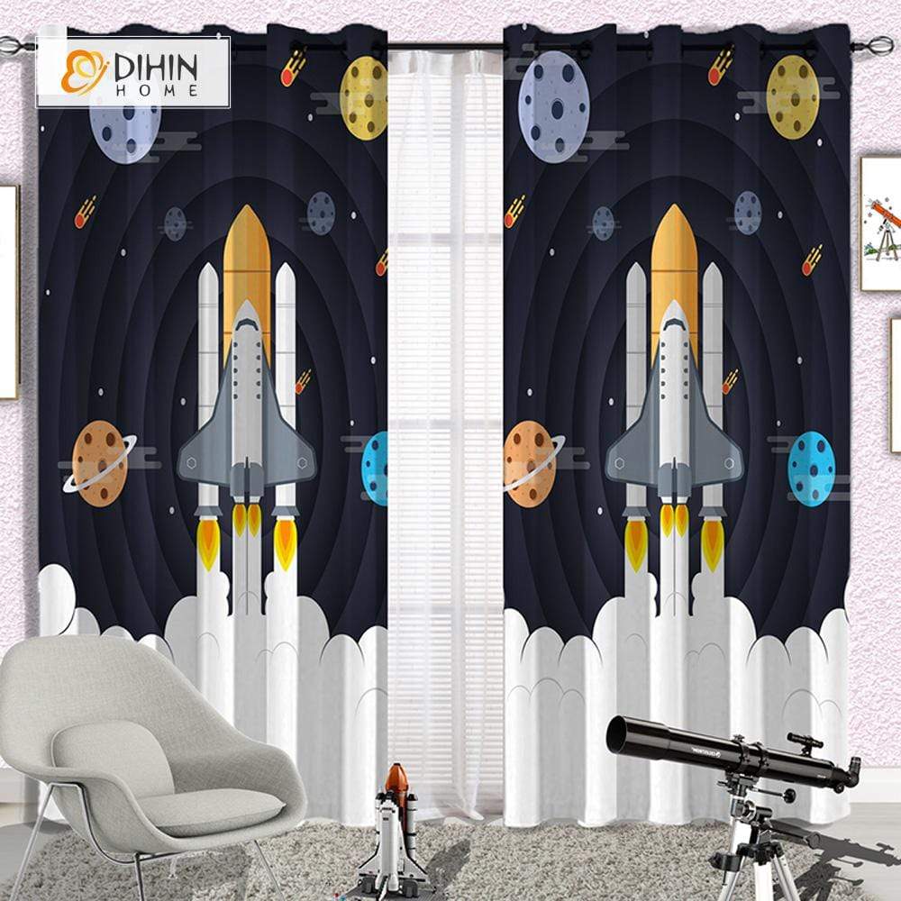 DIHINHOME Home Textile Modern Curtain DIHIN HOME 3D Printed Spaceship and Star Blackout Curtains ,Window Curtains Grommet Curtain For Living Room ,39x102-inch,2 Panels Included