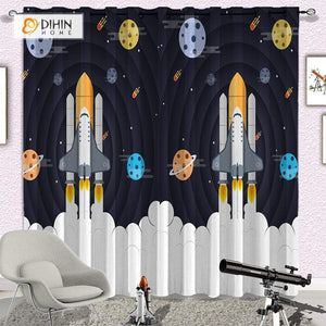 DIHINHOME Home Textile Modern Curtain DIHIN HOME 3D Printed Spaceship and Star Blackout Curtains ,Window Curtains Grommet Curtain For Living Room ,39x102-inch,2 Panels Included
