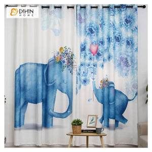 DIHINHOME Home Textile Modern Curtain DIHIN HOME 3D Printed Two Blue Elephant Blackout Curtains ,Window Curtains Grommet Curtain For Living Room ,39x102-inch,2 Panels Included