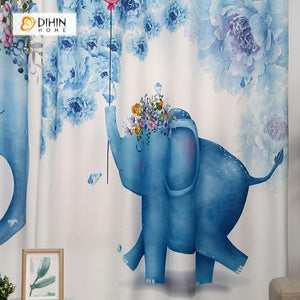 DIHINHOME Home Textile Modern Curtain DIHIN HOME 3D Printed Two Blue Elephant Blackout Curtains ,Window Curtains Grommet Curtain For Living Room ,39x102-inch,2 Panels Included