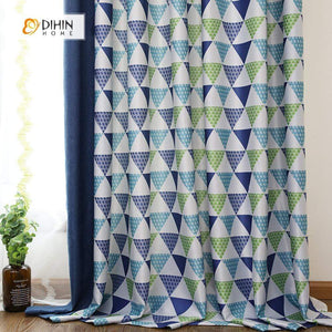 DIHINHOME Home Textile Modern Curtain DIHIN HOME Blue and Green Triangle Printed，Blackout Grommet Window Curtain for Living Room ,52x63-inch,1 Panel