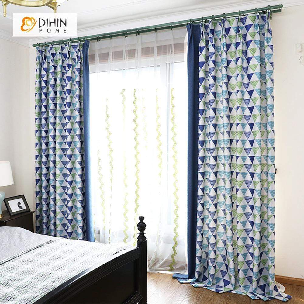 DIHINHOME Home Textile Modern Curtain DIHIN HOME Blue and Green Triangle Printed，Blackout Grommet Window Curtain for Living Room ,52x63-inch,1 Panel