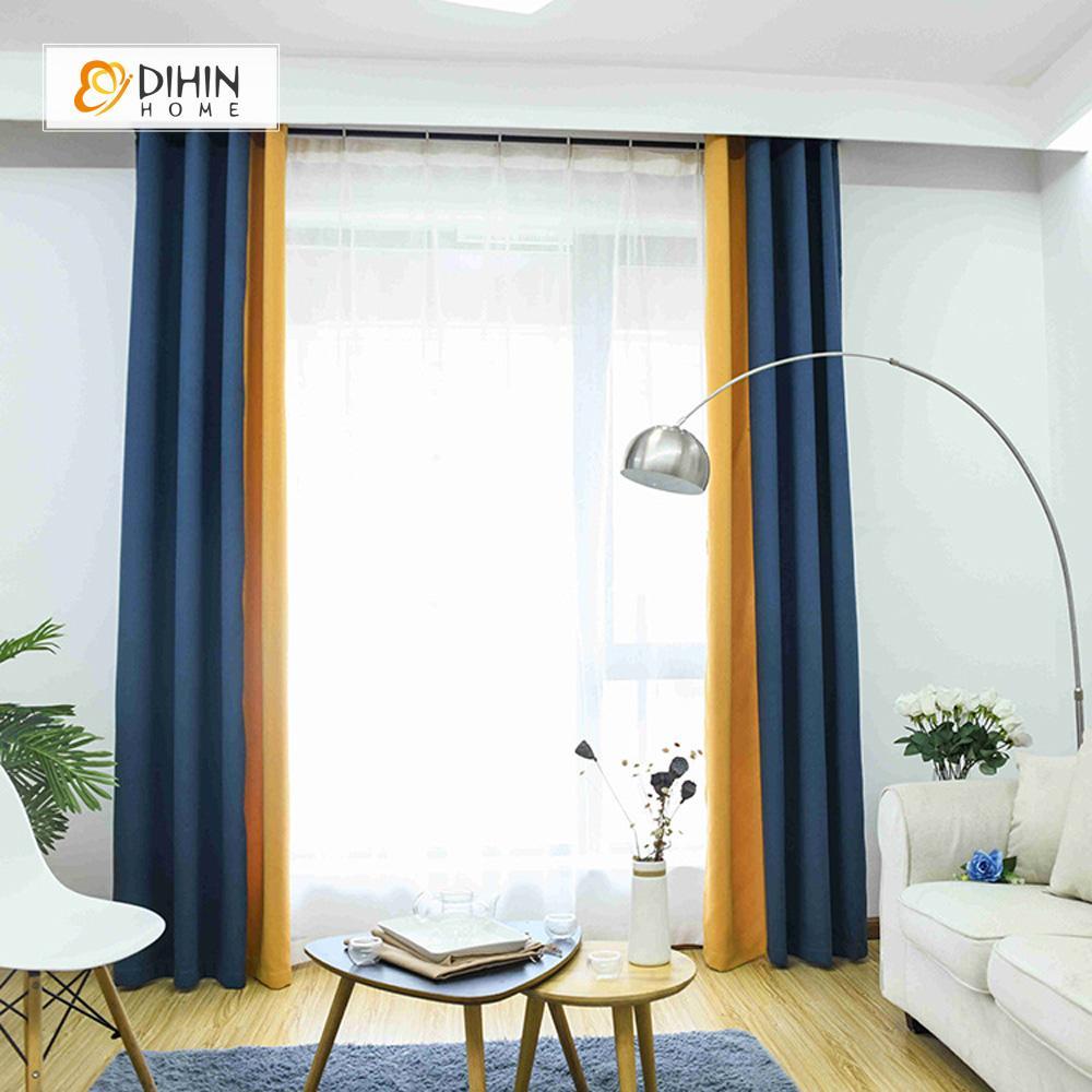 DIHINHOME Home Textile Modern Curtain DIHIN HOME Blue and Yellow Printed，Blackout Grommet Window Curtain for Living Room ,52x63-inch,1 Panel