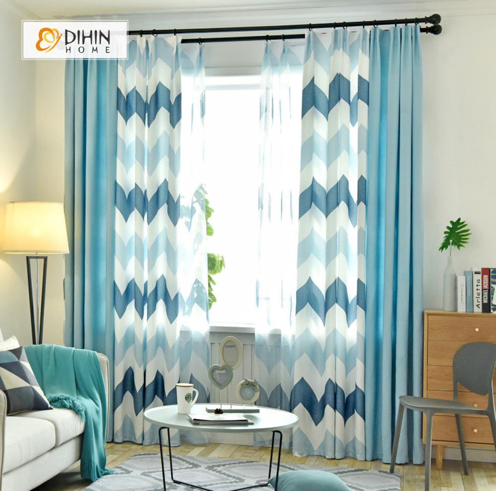 DIHINHOME Home Textile Modern Curtain DIHIN HOME Blue Bold Stripes Printed，Blackout Grommet Window Curtain for Living Room ,52x63-inch,1 Panel