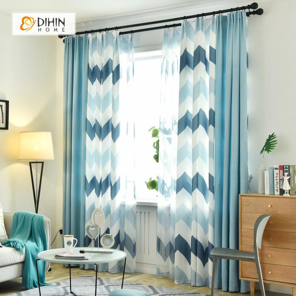 DIHINHOME Home Textile Modern Curtain DIHIN HOME Blue Bold Stripes Printed，Blackout Grommet Window Curtain for Living Room ,52x63-inch,1 Panel