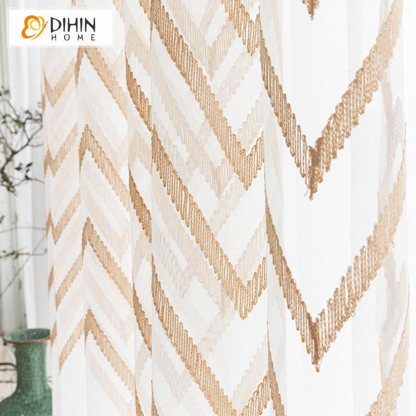DIHINHOME Home Textile Modern Curtain DIHIN HOME Brown Broken Line Embroidered,Blackout Grommet Window Curtain for Living Room ,52x63-inch,1 Panel