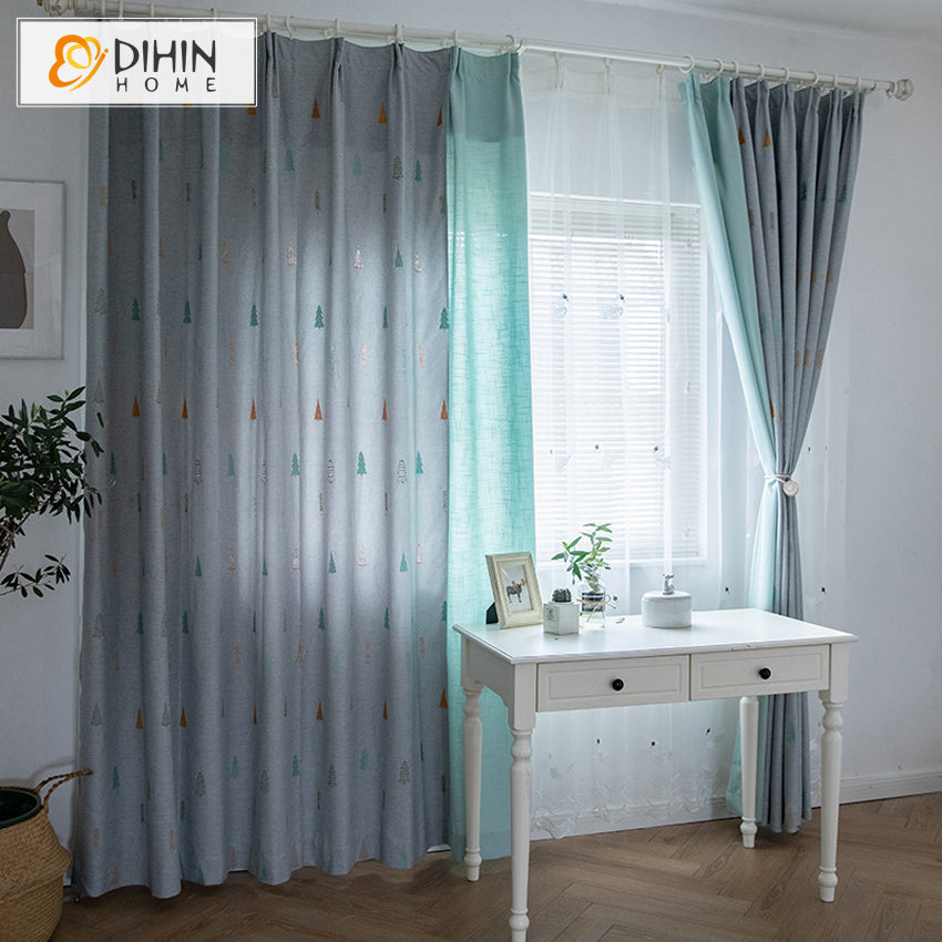 DIHINHOME Home Textile Modern Curtain DIHIN HOME Cartoon Children Room Little Tree Embroidered,Blackout Grommet Window Curtain for Living Room ,52x63-inch,1 Panel