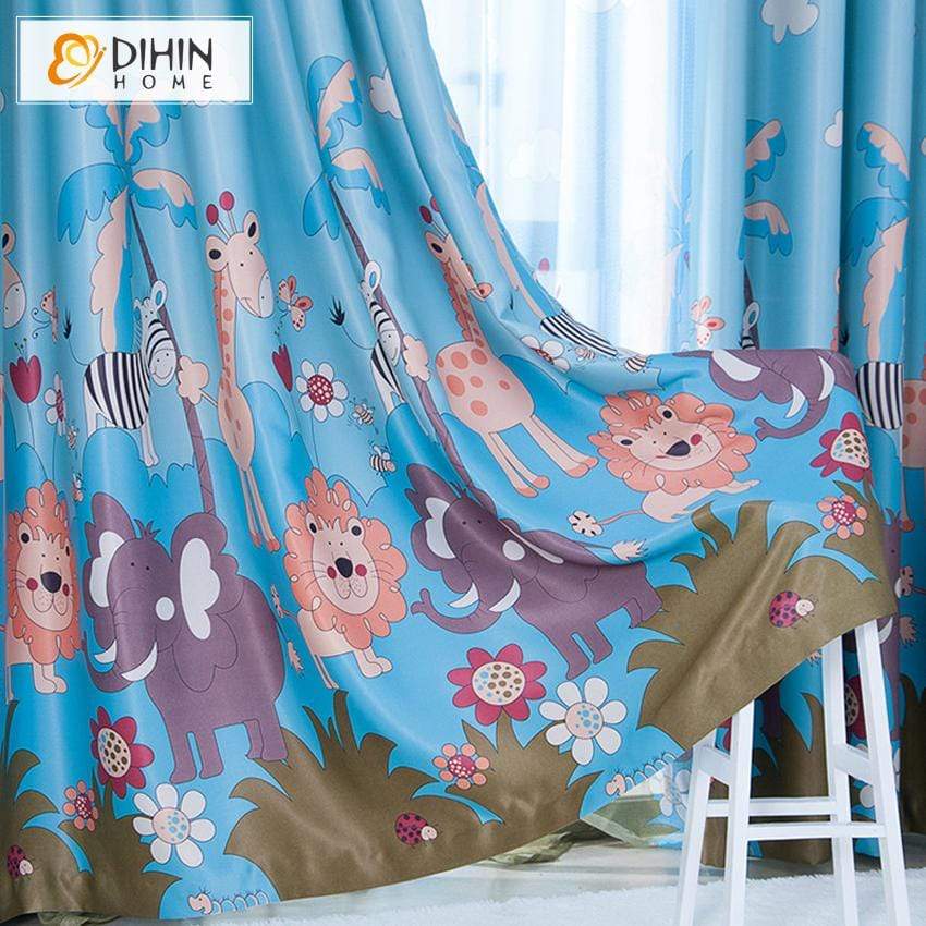 DIHINHOME Home Textile Modern Curtain DIHIN HOME Cartoon ELephant and Lion Printed,Blackout Grommet Window Curtain for Living Room ,52x63-inch,1 Panel