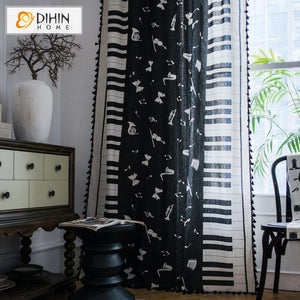 DIHIN HOME Cartoon Piano Printed Curtains With Lace ,Blackout Grommet Window Curtain for Living Room ,52x63-inch,1 Panel