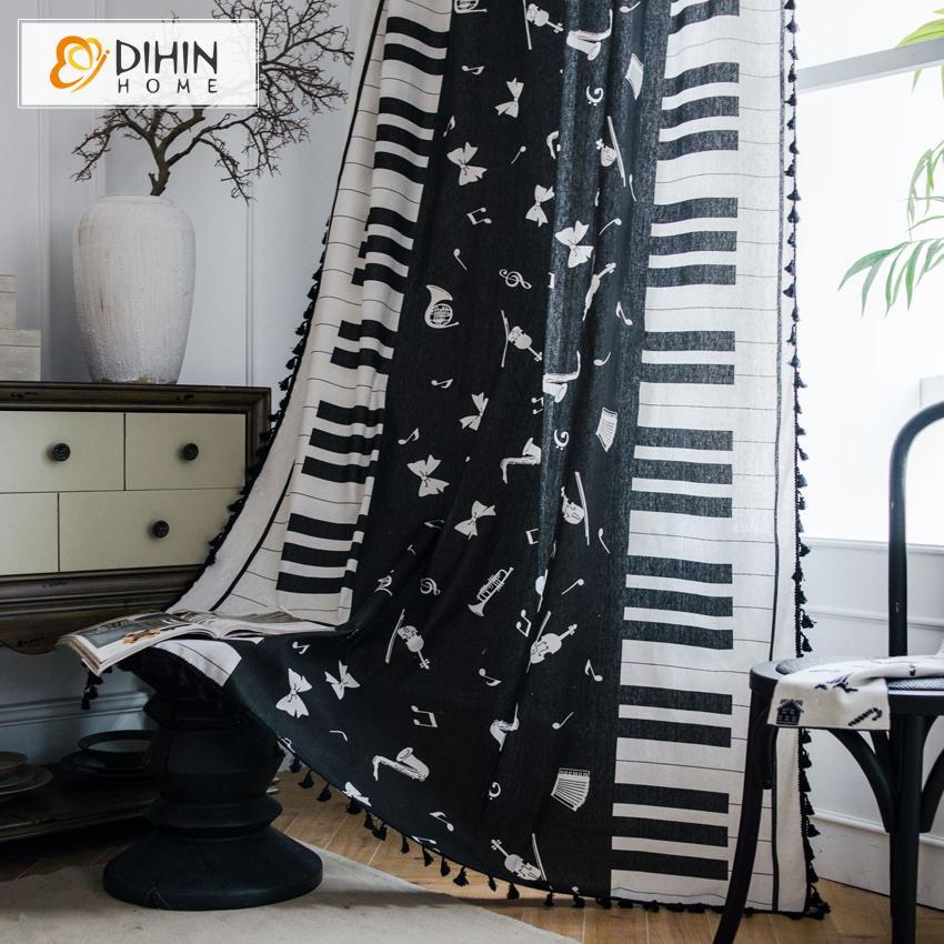 DIHIN HOME Cartoon Piano Printed Curtains With Lace ,Blackout Grommet Window Curtain for Living Room ,52x63-inch,1 Panel