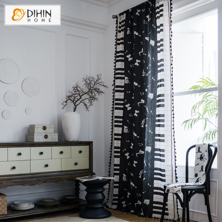 DIHIN HOME Cartoon Piano Printed Curtains With Lace ,Blackout Grommet Window Curtain for Living Room ,52x63-inch,1 Panel