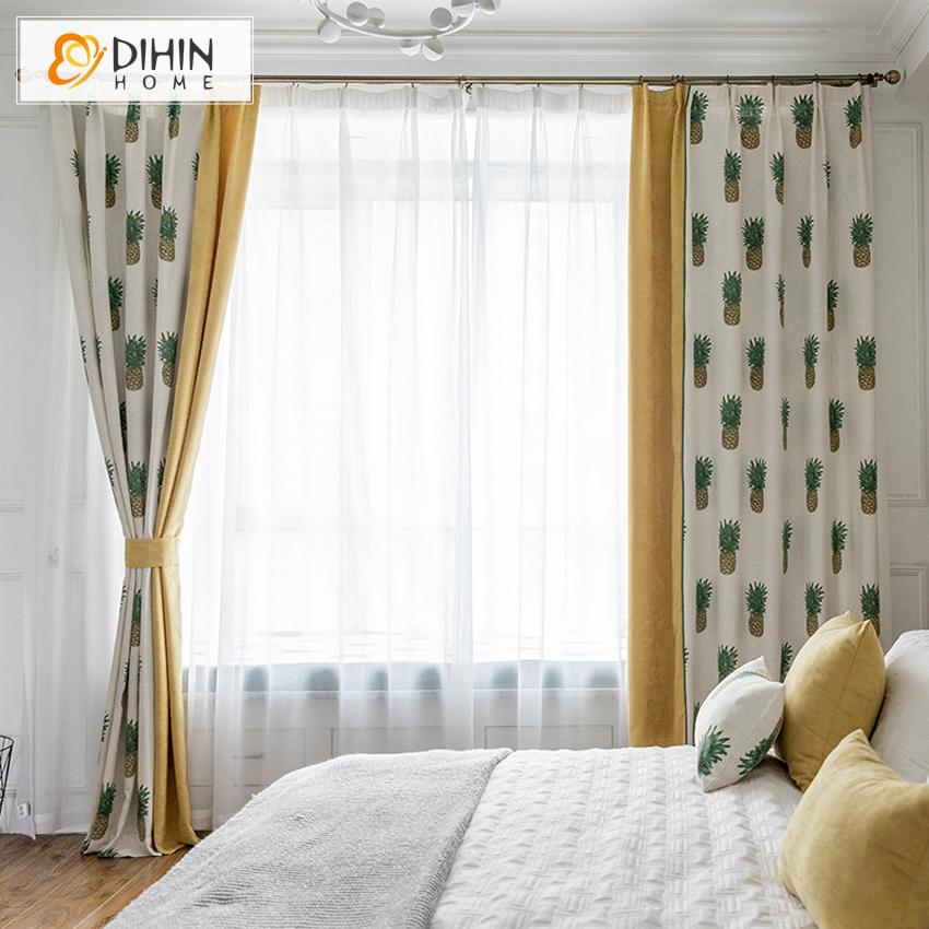 DIHIN HOME Cartoon Pineapple Printed Spliced Curtains，Blackout Grommet Window Curtain for Living Room ,52x63-inch,1 Panel