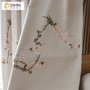 DIHINHOME Home Textile Modern Curtain DIHIN HOME Chinese Style Cotton Linen Embroideried Curtains,Grommet Window Curtain for Living Room ,52x63-inch,1 Panel