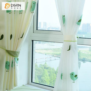 DIHINHOME Home Textile Modern Curtain DIHIN HOME Cute Green Birds Embroidered,Blackout Grommet Window Curtain for Living Room ,52x63-inch,1 Panel