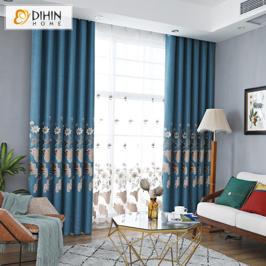 DIHINHOME Home Textile Modern Curtain DIHIN HOME Embroidered Dark Blue Curtains，Blackout Grommet Window Curtain for Living Room ,52x63-inch,1 Panel