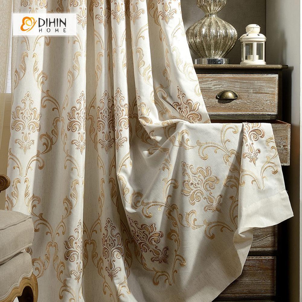 DIHINHOME Home Textile Modern Curtain DIHIN HOME Embroidered Jacquard Curtain ,Cotton Linen ,Blackout Grommet Window Curtain for Living Room ,52x63-inch,1 Panel