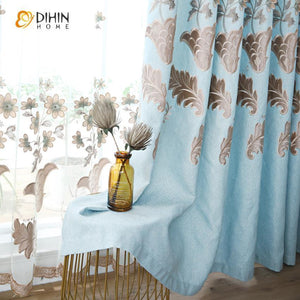 DIHINHOME Home Textile Modern Curtain DIHIN HOME Embroidered Light Blue Curtains，Blackout Grommet Window Curtain for Living Room ,52x63-inch,1 Panel