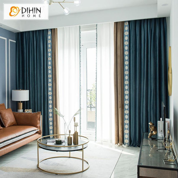 DIHIN HOME Blue and Beige Velvet Valance ,Blackout Curtains Grommet Window  Curtain for Living Room ,52x84-inch,1 Panel