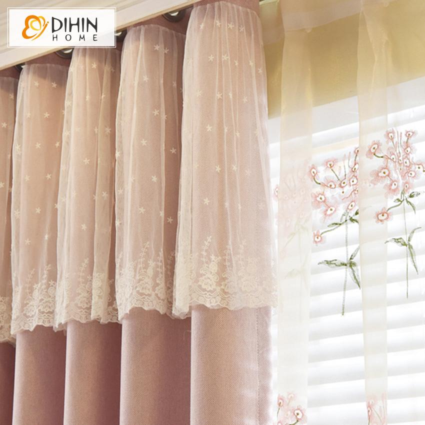 DIHIN HOME European Pink Color With White Lace Top Customized Curtains,Blackout Grommet Window Curtain for Living Room ,52x63-inch,1 Panel