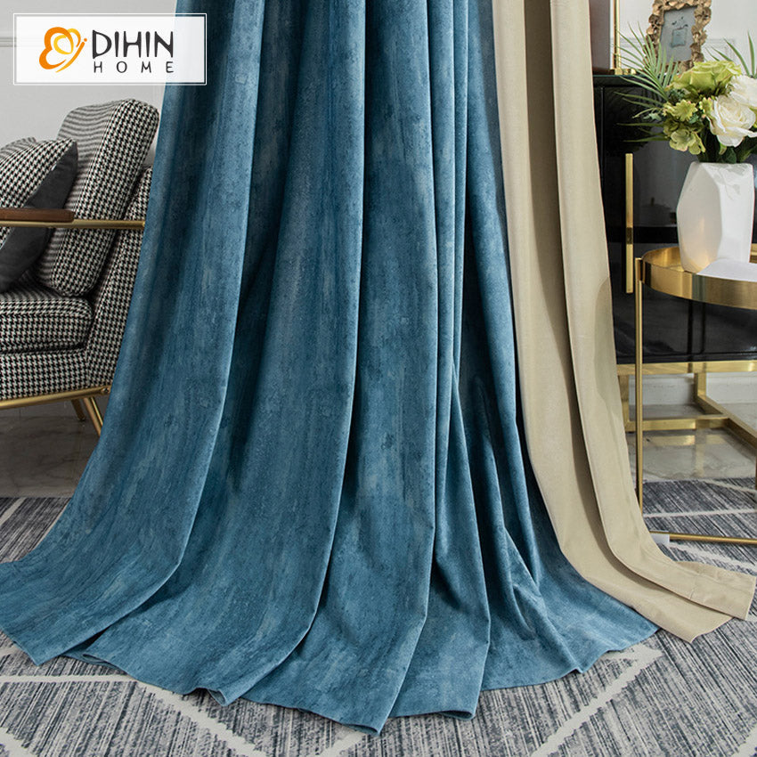 DIHIN HOME European Retro Blue and Beige Velvet ,Blackout Curtains Grommet Window Curtain for Living Room,52x63-inch,1 Panel