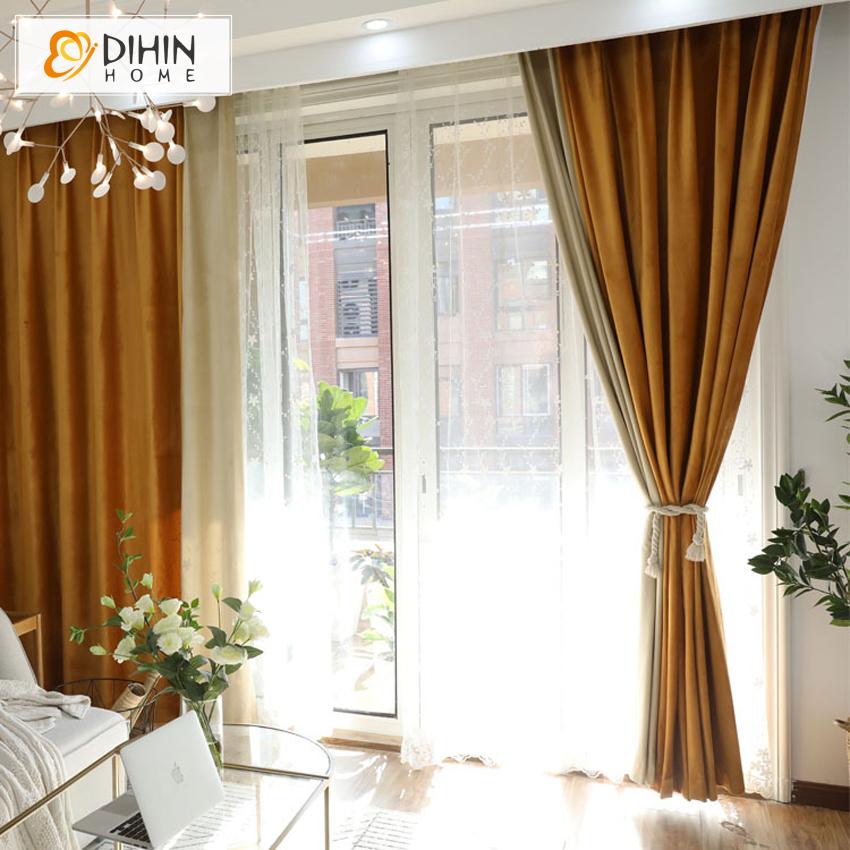 DIHIN HOME European Velvet Fabric High Quality Spliced Curtains，Blackout Grommet Window Curtain for Living Room ,52x63-inch,1 Panel