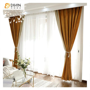 DIHIN HOME European Velvet Fabric High Quality Spliced Curtains，Blackout Grommet Window Curtain for Living Room ,52x63-inch,1 Panel