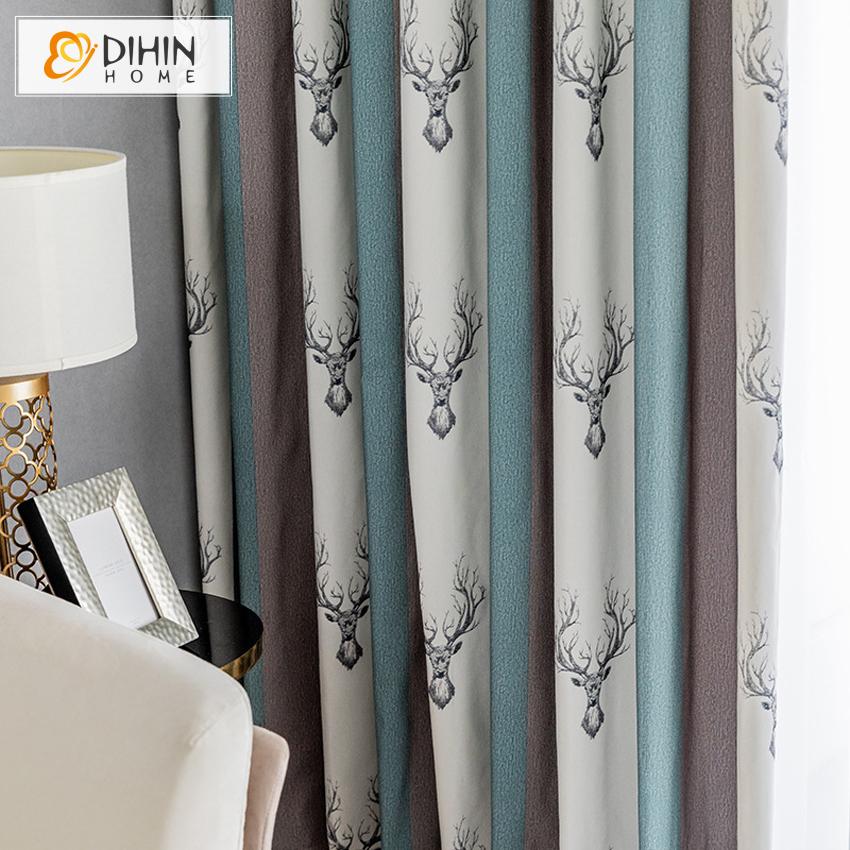 DIHINHOME Home Textile Modern Curtain DIHIN HOME Fashion Modern Striped Deer Pattern Printed,Blackout Grommet Window Curtain for Living Room ,52x63-inch,1 Panel