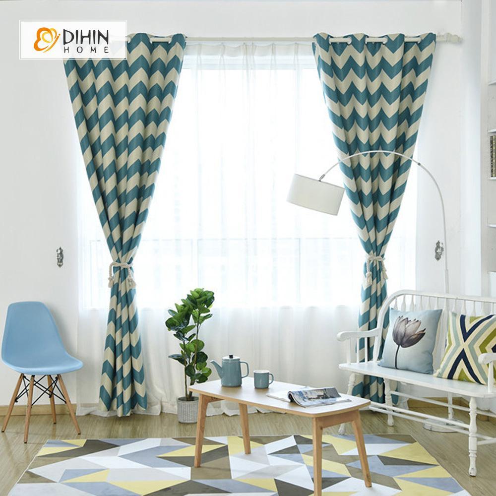 DIHINHOME Home Textile Modern Curtain DIHIN HOME Green Stripes Printed，Blackout Grommet Window Curtain for Living Room ,52x63-inch,1 Panel