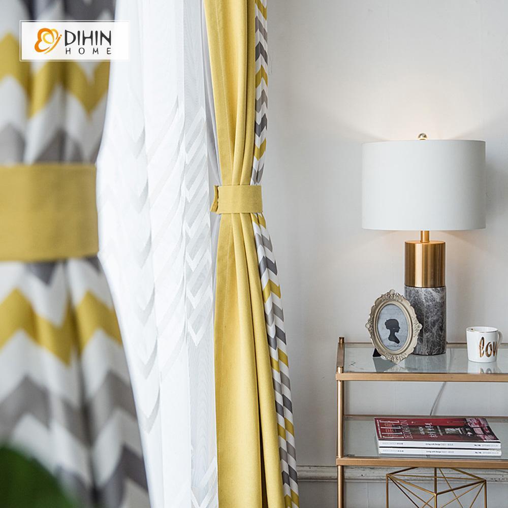 DIHINHOME Home Textile Modern Curtain DIHIN HOME Grey and Yellow Wave Printed，Blackout Grommet Window Curtain for Living Room ,52x63-inch,1 Panel