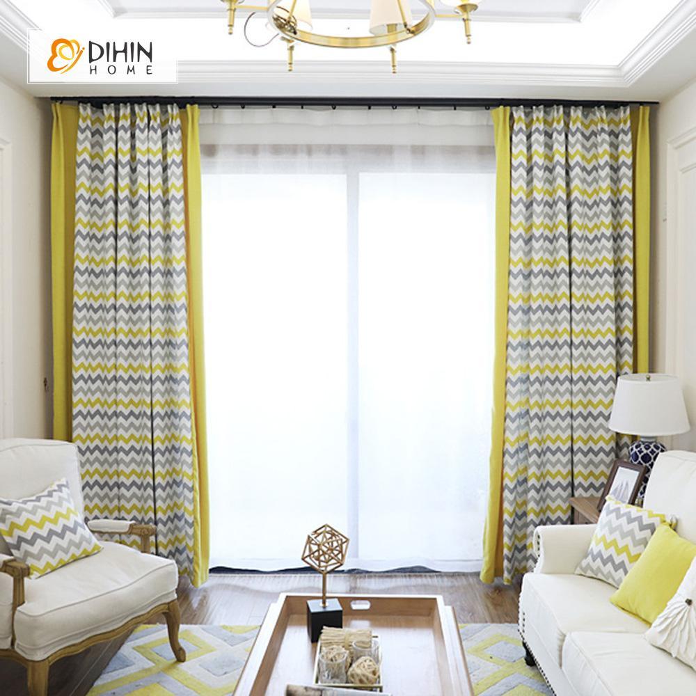 DIHINHOME Home Textile Modern Curtain DIHIN HOME Grey and Yellow Wave Printed，Blackout Grommet Window Curtain for Living Room ,52x63-inch,1 Panel