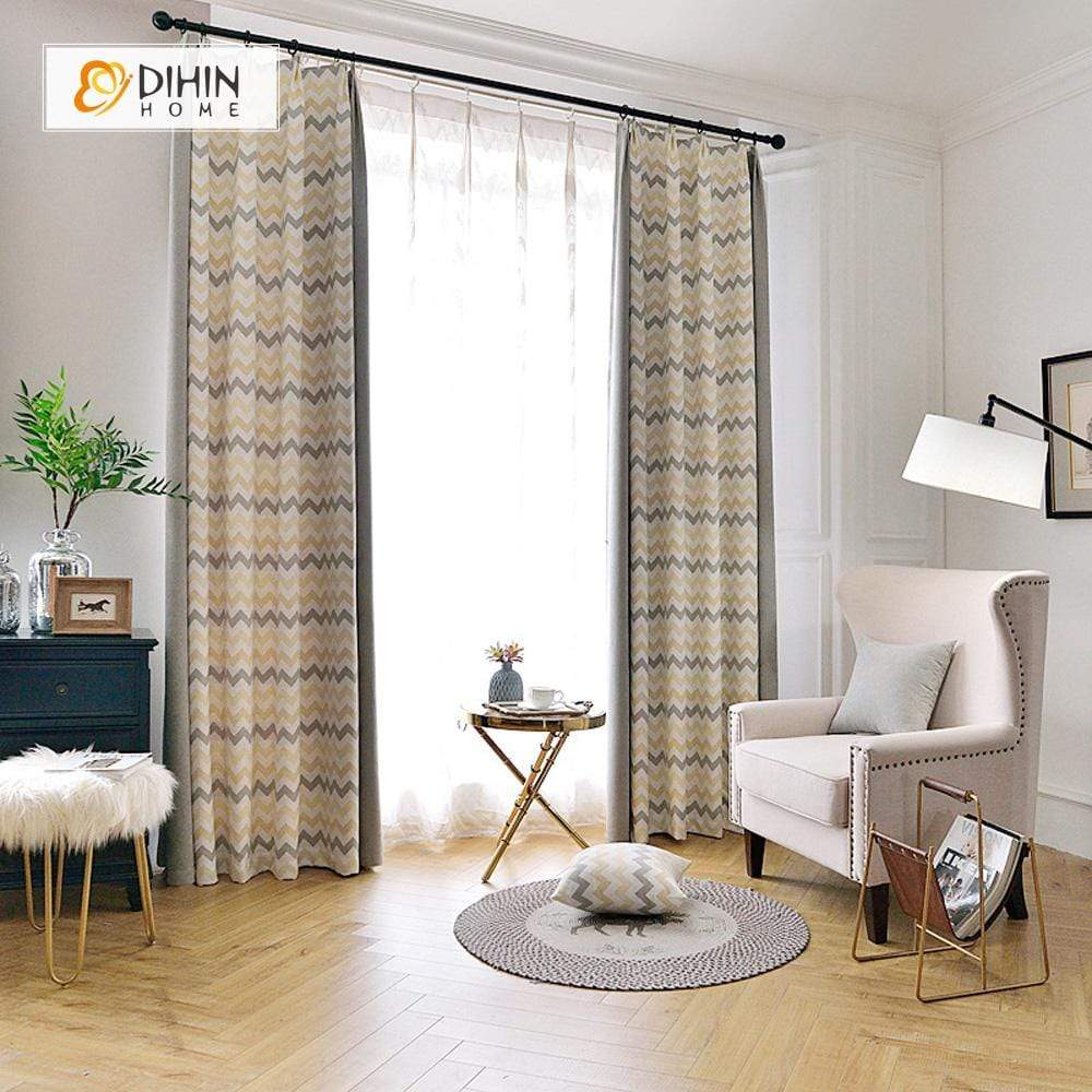 DIHINHOME Home Textile Modern Curtain DIHIN HOME Light Yellow and Yellow Wave Printed，Blackout Grommet Window Curtain for Living Room ,52x63-inch,1 Panel