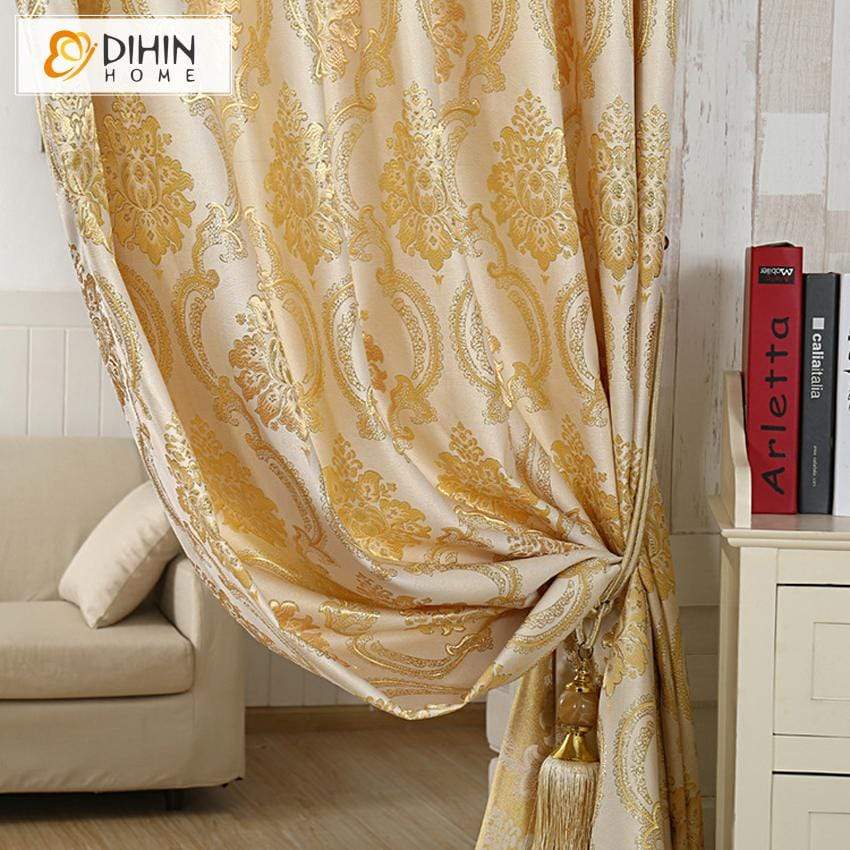 DIHINHOME Home Textile Modern Curtain DIHIN HOME Luxury Golden Jacquard Curtain ,Blackout Grommet Window Curtain for Living Room ,52x63-inch,1 Panel