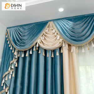 DIHINHOME Home Textile Modern Curtain DIHIN HOME Luxury Velvet Fabric Blue and Beige Color Valance,Blackout Curtains Grommet Window Curtain for Living Room ,52x84-inch,1 Panel