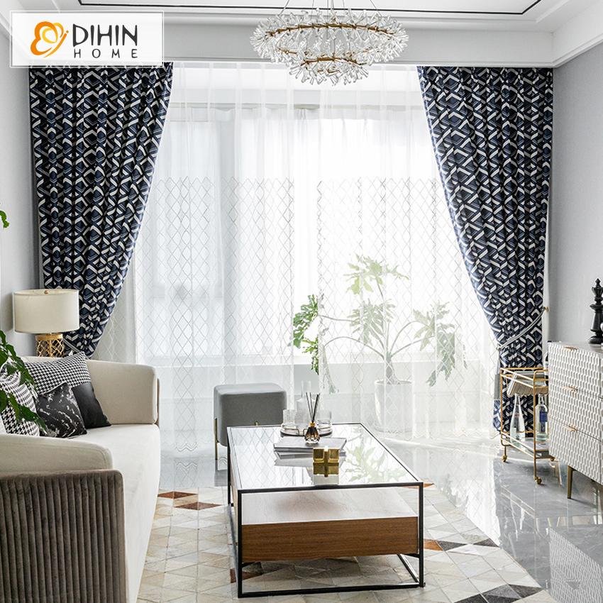 DIHIN HOME Luxury Vintage Blue Abstract Geometric Jacquard Curtain ,Blackout Curtains Grommet Window Curtain for Living Room ,52x63-inch,1 Panel