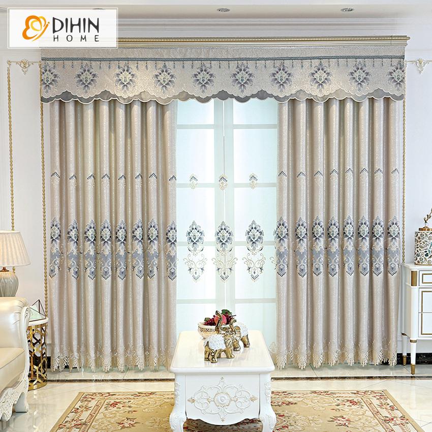 DIHIN HOME Modern Beige Jacquard Embroidered Curtains Customzied Valance ,Blackout Curtains Grommet Window Curtain for Living Room ,52x84-inch,1 Panel