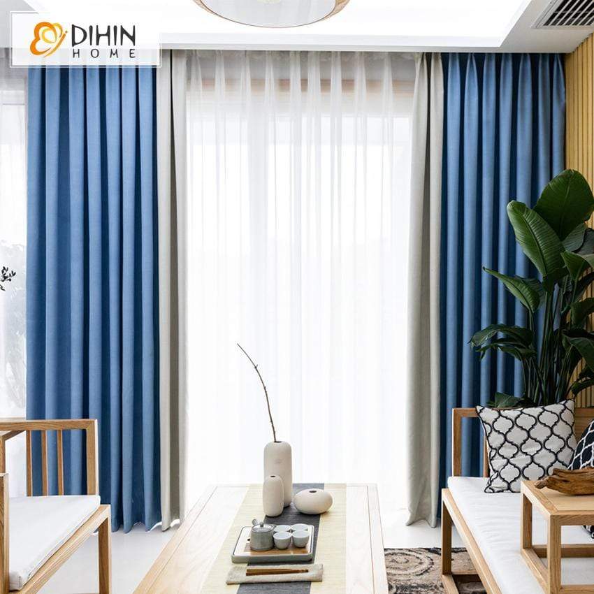 DIHINHOME Home Textile Modern Curtain DIHIN HOME Modern Blue and Light Grey Spliced Curtains，Blackout Grommet Window Curtain for Living Room ,52x63-inch,1 Panel