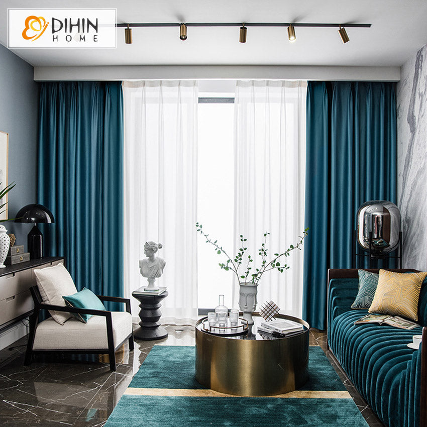 DIHINHOME Home Textile Modern Curtain DIHIN HOME Modern Blue Color High-grade Imitation Silk High Shading,Grommet Window Curtain for Living Room ,52x63-inch,1 Panel