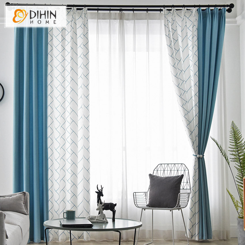 DIHINHOME Home Textile Modern Curtain DIHIN HOME Modern Blue Fabric With White Striped Curtain,Blackout Grommet Window Curtain for Living Room ,52x63-inch,1 Panel