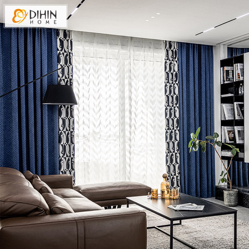 DIHIN HOME Modern Blue Jacquard Stitching Curtains,Grommet Window Curtain for Living Room ,52x63-inch,1 Panel