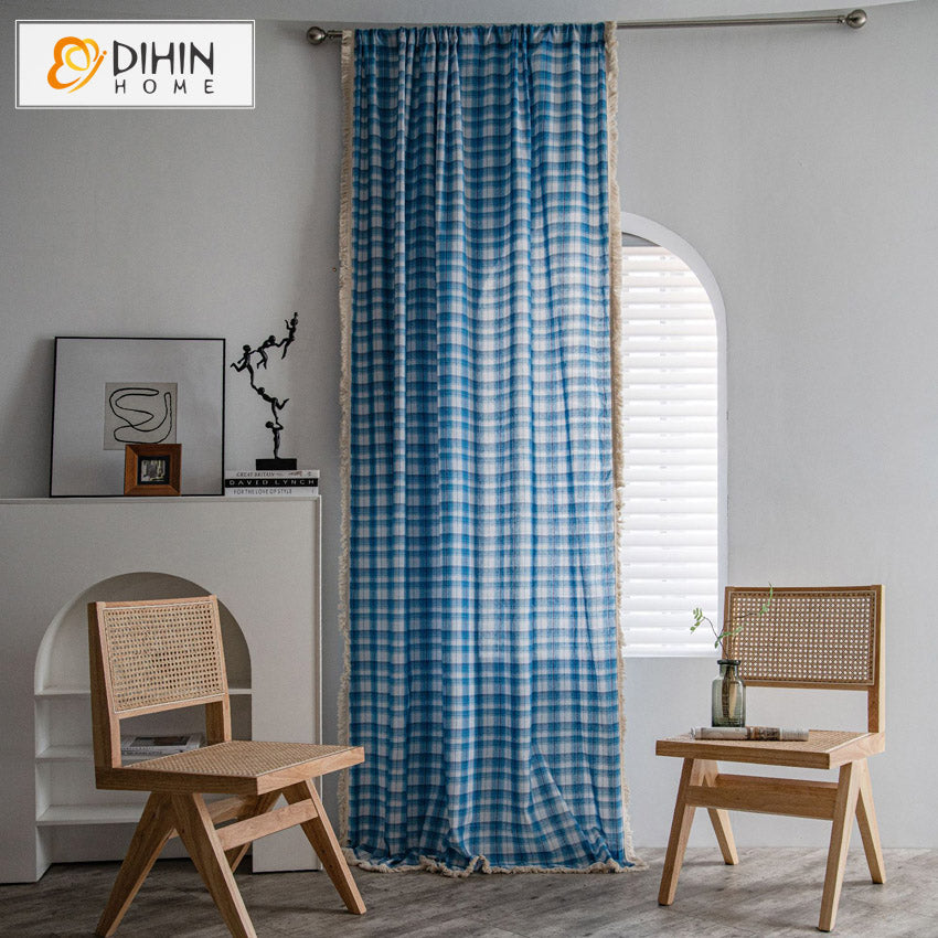 DIHINHOME Home Textile Modern Curtain DIHIN HOME Modern Blue Small Plaid,Blackout Grommet Window Curtain for Living Room ,52x63-inch,1 Panel