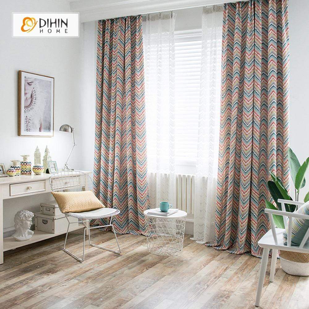DIHIN HOME Modern Colorful Striped Wave Curtains ,Cotton Linen ,Blackout Grommet Window Curtain for Living Room ,52x63-inch,1 Panel