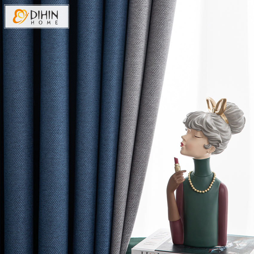 DIHINHOME Home Textile Modern Curtain DIHIN HOME Modern Cotton Linen Blue and Grey Color,Blackout Grommet Window Curtain for Living Room ,52x63-inch,1 Panel