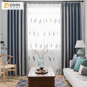 DIHIN HOME Modern Cotton Linen Blue and Grey Stitching Curtains With Lace,Grommet Window Curtain for Living Room,52x63-inch,1 Panel