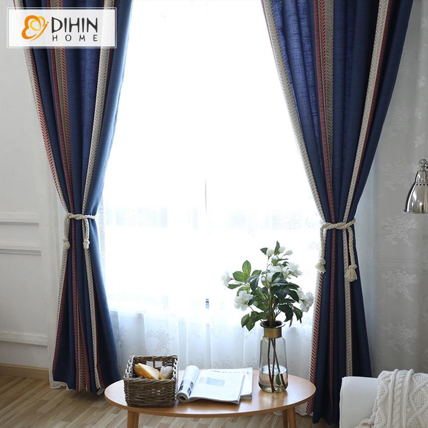 DIHIN HOME Modern Cotton Linen Blue Color Striped Curtain,Blackout Curtains Grommet Window Curtain for Living Room ,52x63-inch,1 Panel