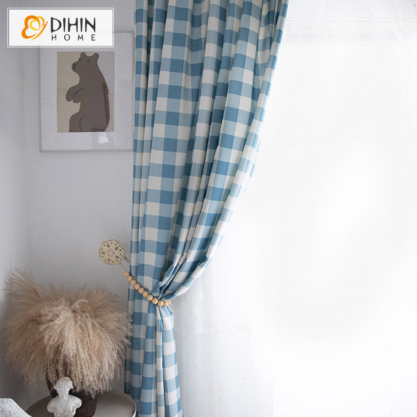 DIHINHOME Home Textile Modern Curtain DIHIN HOME Modern Cotton Linen Blue Plaid,Blackout Grommet Window Curtain for Living Room ,52x63-inch,1 Panel