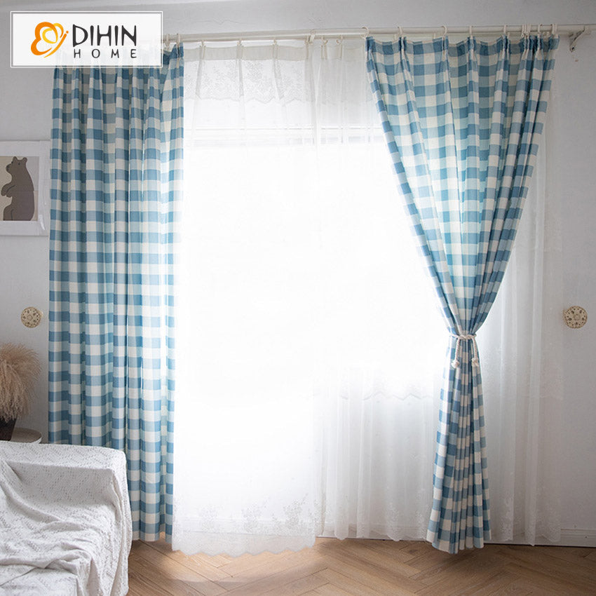 DIHINHOME Home Textile Modern Curtain DIHIN HOME Modern Cotton Linen Blue Plaid,Blackout Grommet Window Curtain for Living Room ,52x63-inch,1 Panel