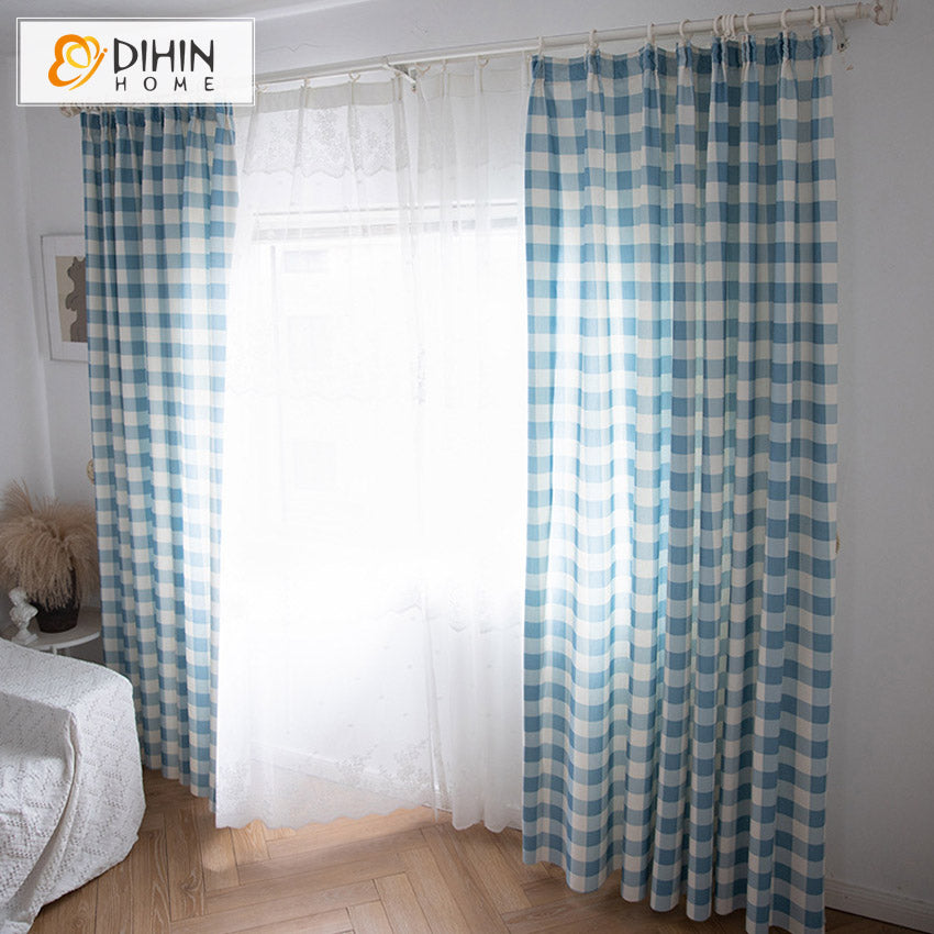 DIHINHOME Home Textile Modern Curtain DIHIN HOME Modern Cotton Linen Blue Plaid,Blackout Grommet Window Curtain for Living Room ,52x63-inch,1 Panel