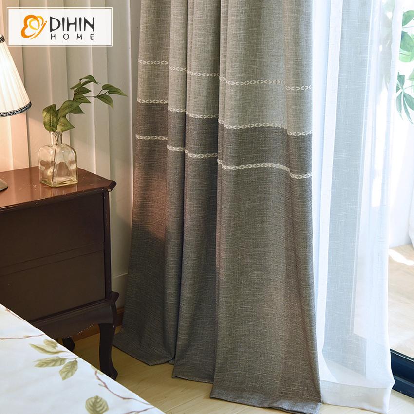 DIHIN HOME Modern Cotton Linen Grey Color Embroidered,Blackout Grommet Window Curtain for Living Room ,52x63-inch,1 Panel