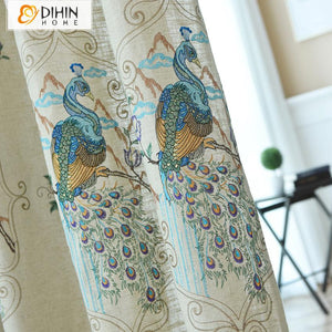 DIHIN HOME Modern Cotton Linen Peacock Embroidered Blackout Curtains ,Blackout Grommet Window Curtain for Living Room ,52x63-inch,1 Panel