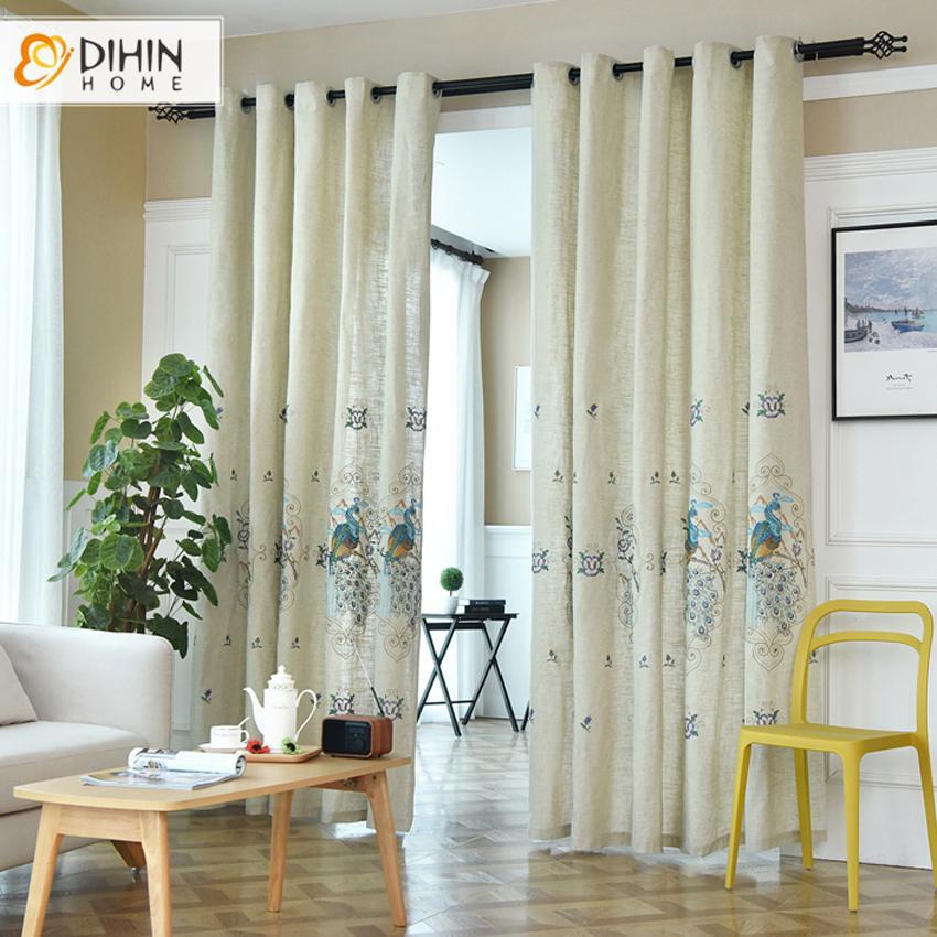 DIHINHOME Home Textile Modern Curtain DIHIN HOME Modern Cotton Linen Peacock Embroidered Blackout Curtains ,Blackout Grommet Window Curtain for Living Room ,52x63-inch,1 Panel Roman Shades Window Curtains Curtains Window Blinds Curtains Drapes